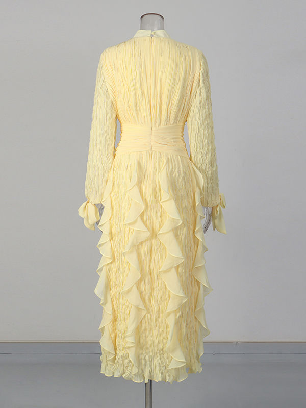 TWOTWINSTYLE Stand Collar Tunic Spliced Ruffles Elegant Dress
