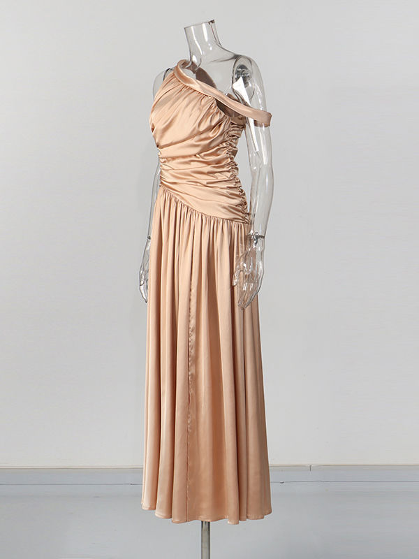 TWOTWINSTYLE Off One Shoulder Hollow Out Side Split Vintage Dress