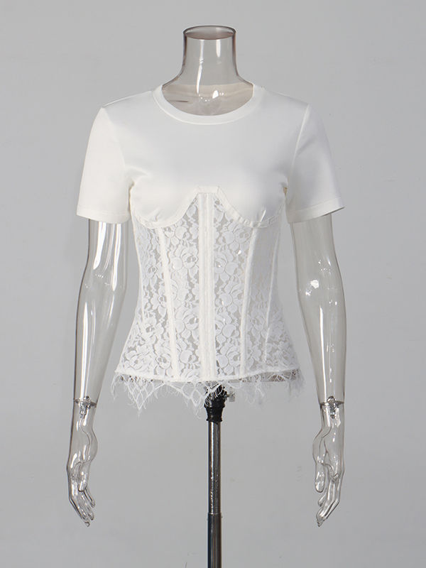 TWOTWINSTYLE Solid Spliced Lace Slimming Chic T Shirt