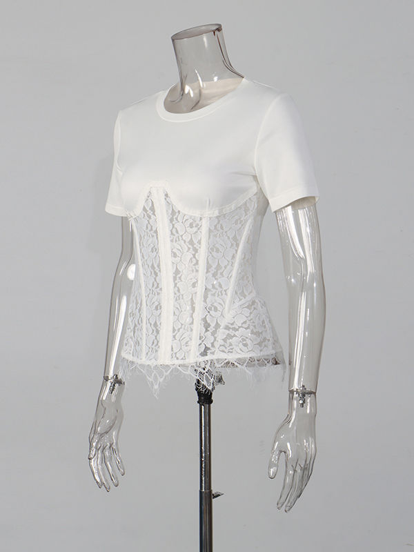 TWOTWINSTYLE Solid Spliced Lace Slimming Chic T Shirt