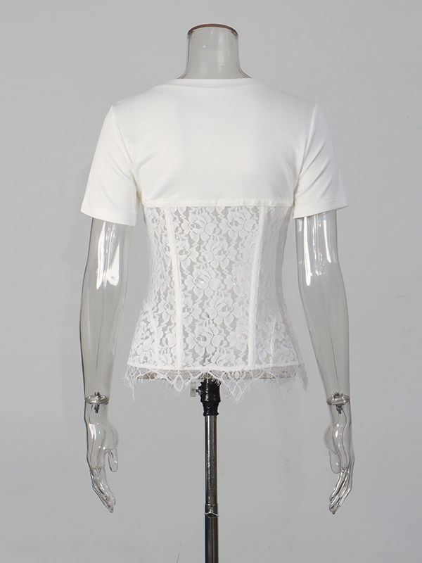 TWOTWINSTYLE Solid Spliced Lace Slimming Chic T Shirt