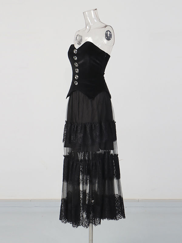 TWOTWINSTYLE Spliced Metal Button Tunic Strapless Dress
