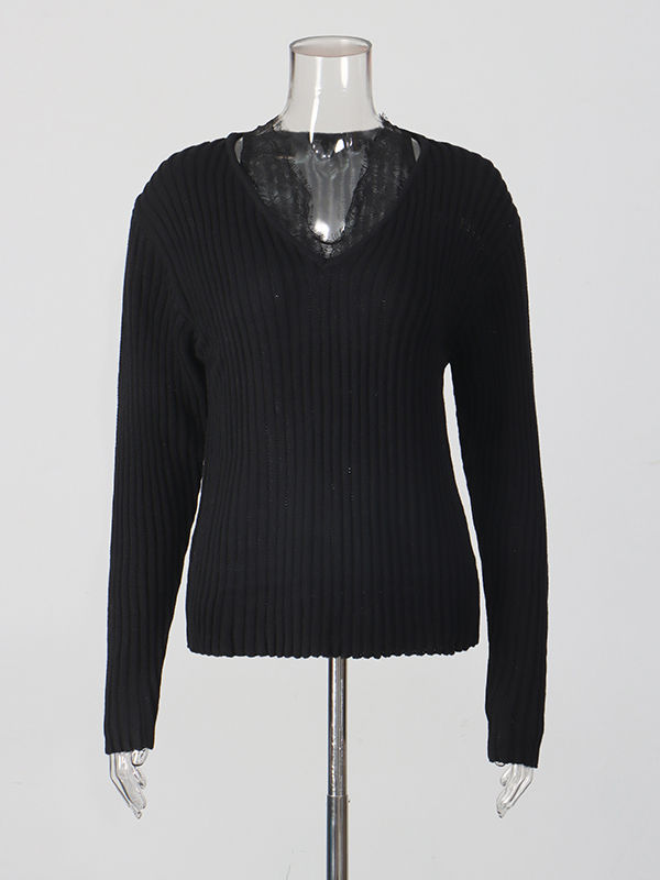 TWOTWINSTYLE Solid Long Sleeve Spliced Lace Slimming Sweater