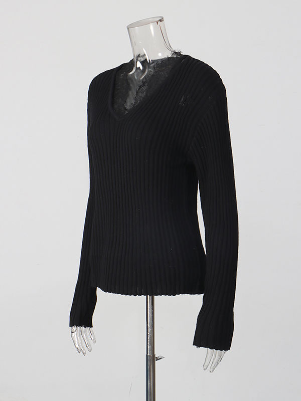 TWOTWINSTYLE Solid Long Sleeve Spliced Lace Slimming Sweater