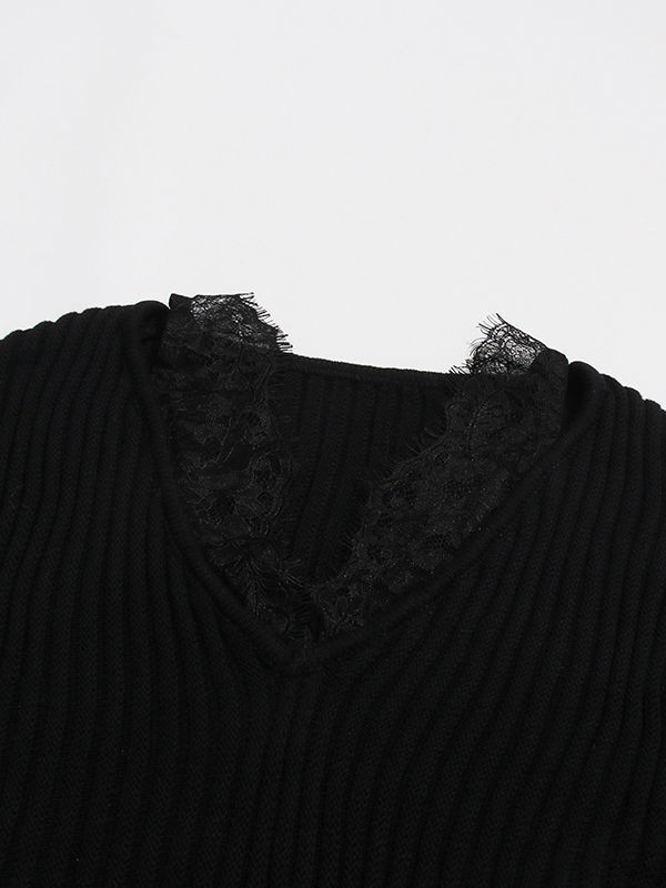 TWOTWINSTYLE Solid Long Sleeve Spliced Lace Slimming Sweater