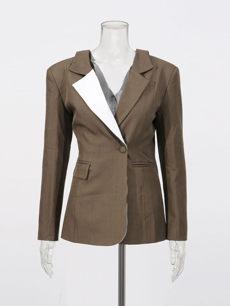 TWOTWINSTYLE Hit Color Lapel High Waist Temperament Coat
