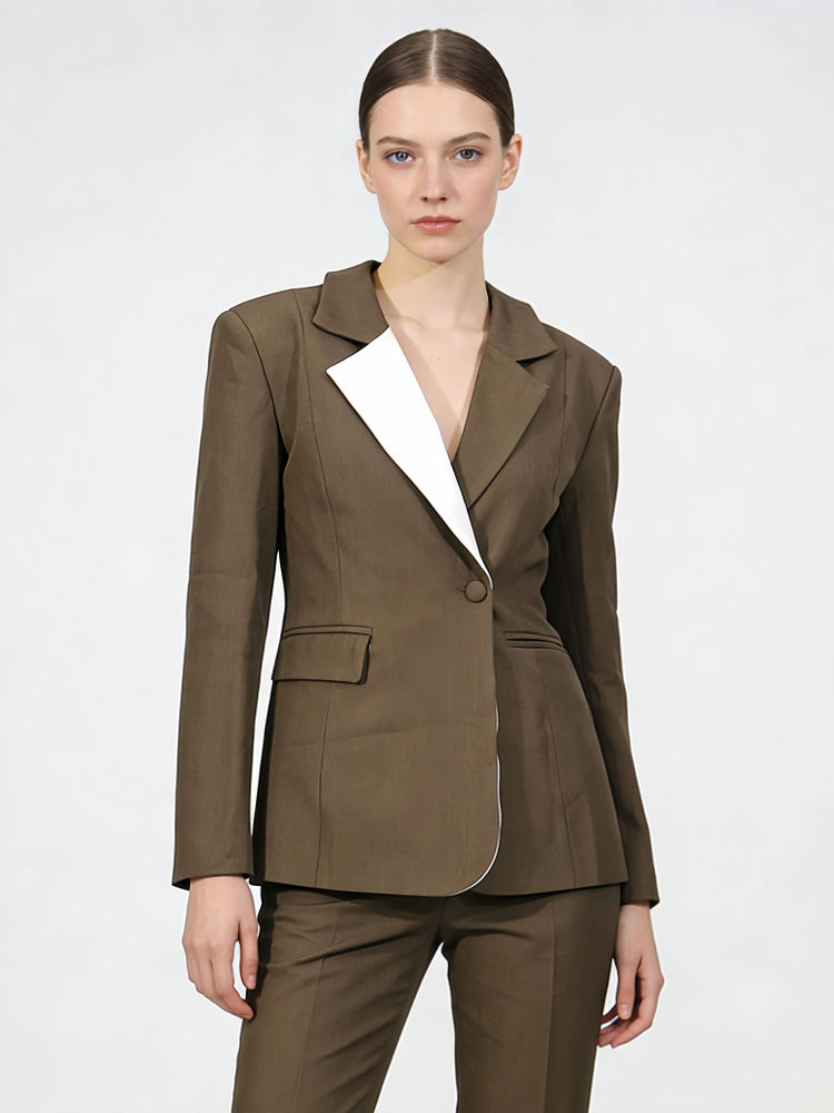 TWOTWINSTYLE Hit Color Lapel High Waist Temperament Coat