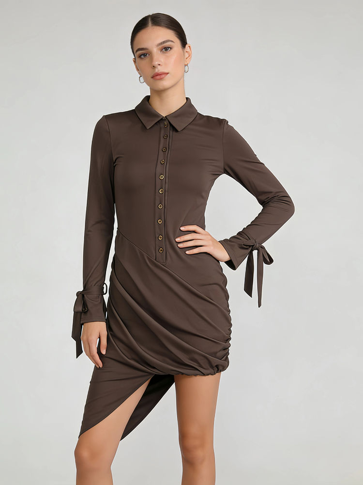 TWOTWINSTYLE Lapel Spliced Metal Button Irregular Hem Designer Slimming Dress