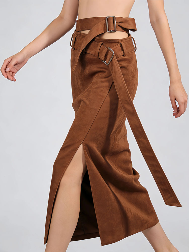 TWOTWINSTYLE Patchwork Belt Side Split Vintage Skirk