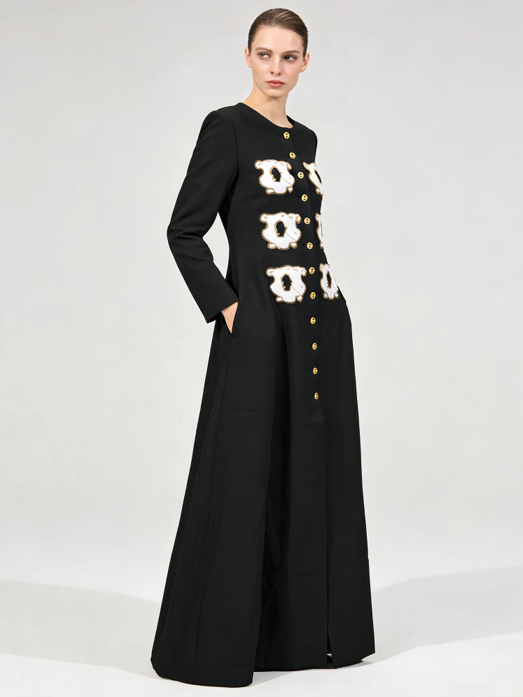 TWOTWINSTYLE Round Neck Loose Spliced Appliques Chic Coat