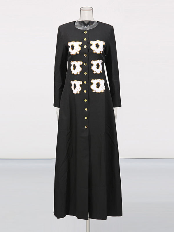 TWOTWINSTYLE Round Neck Loose Spliced Appliques Chic Coat