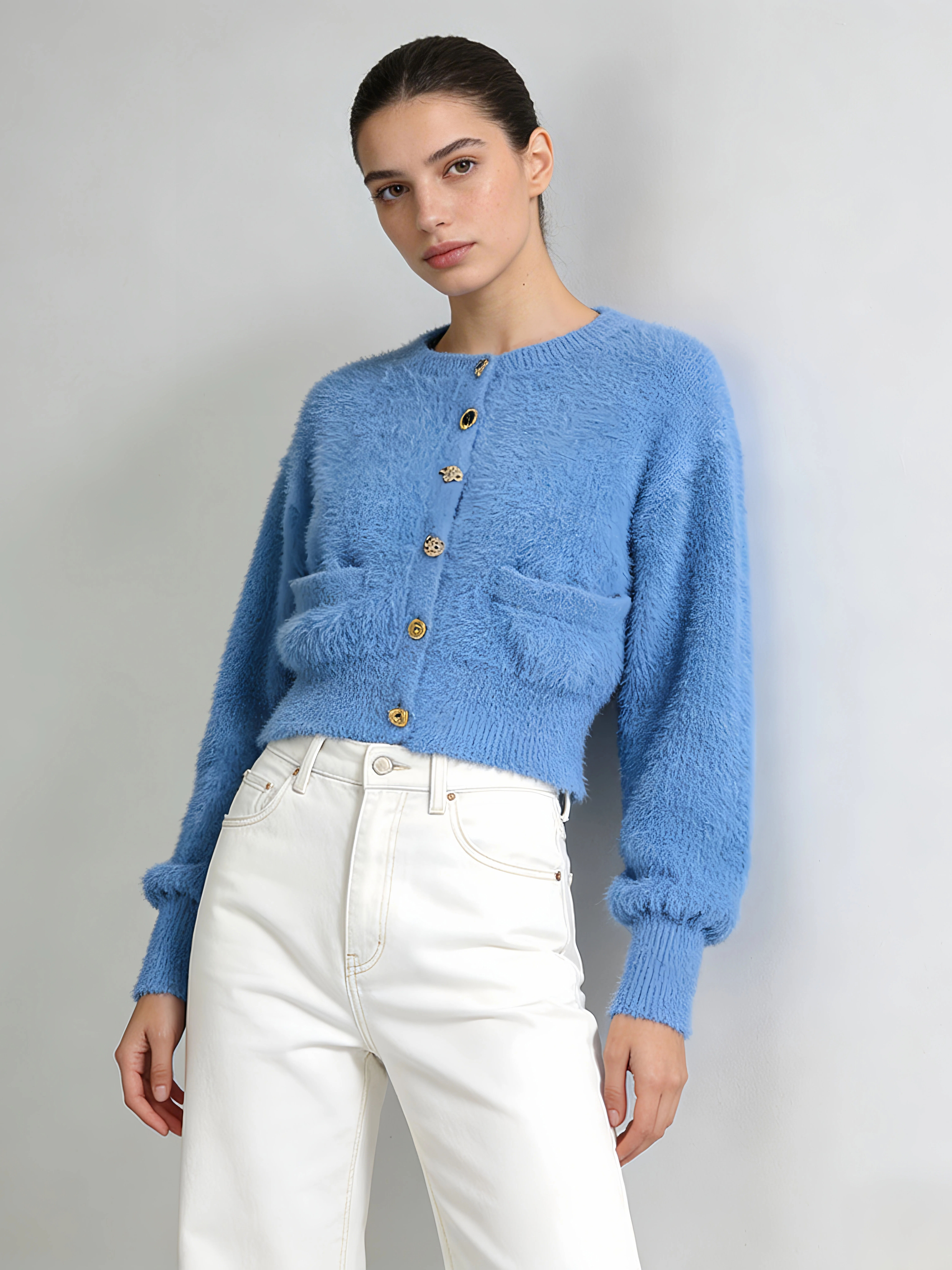 TWOTWINSTYLE Round Neck Patchwork Metal Button Fashion Sweater