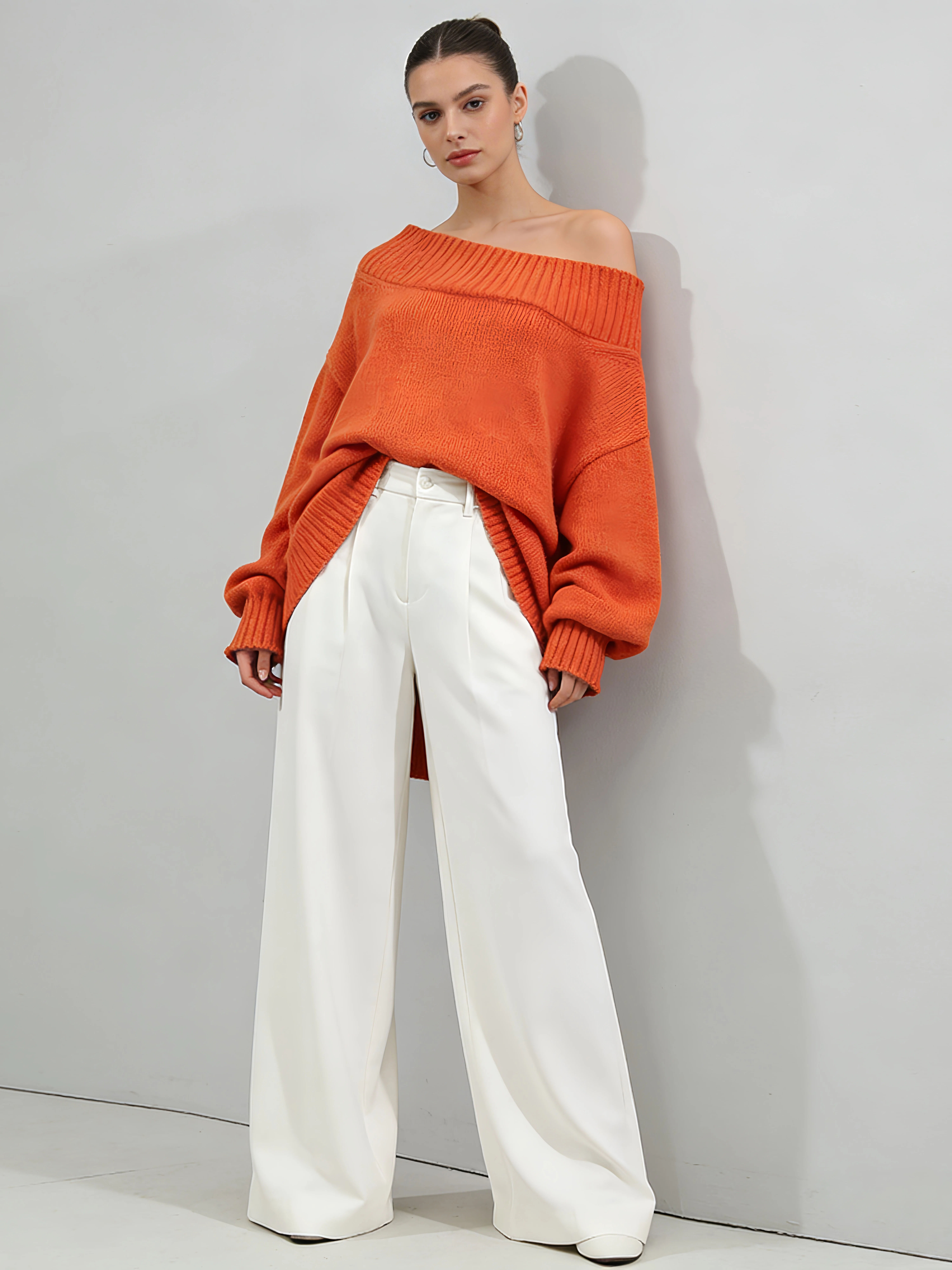 TWOTWINSTYLE Solid Loose Off One Shoulder Casual Sweater