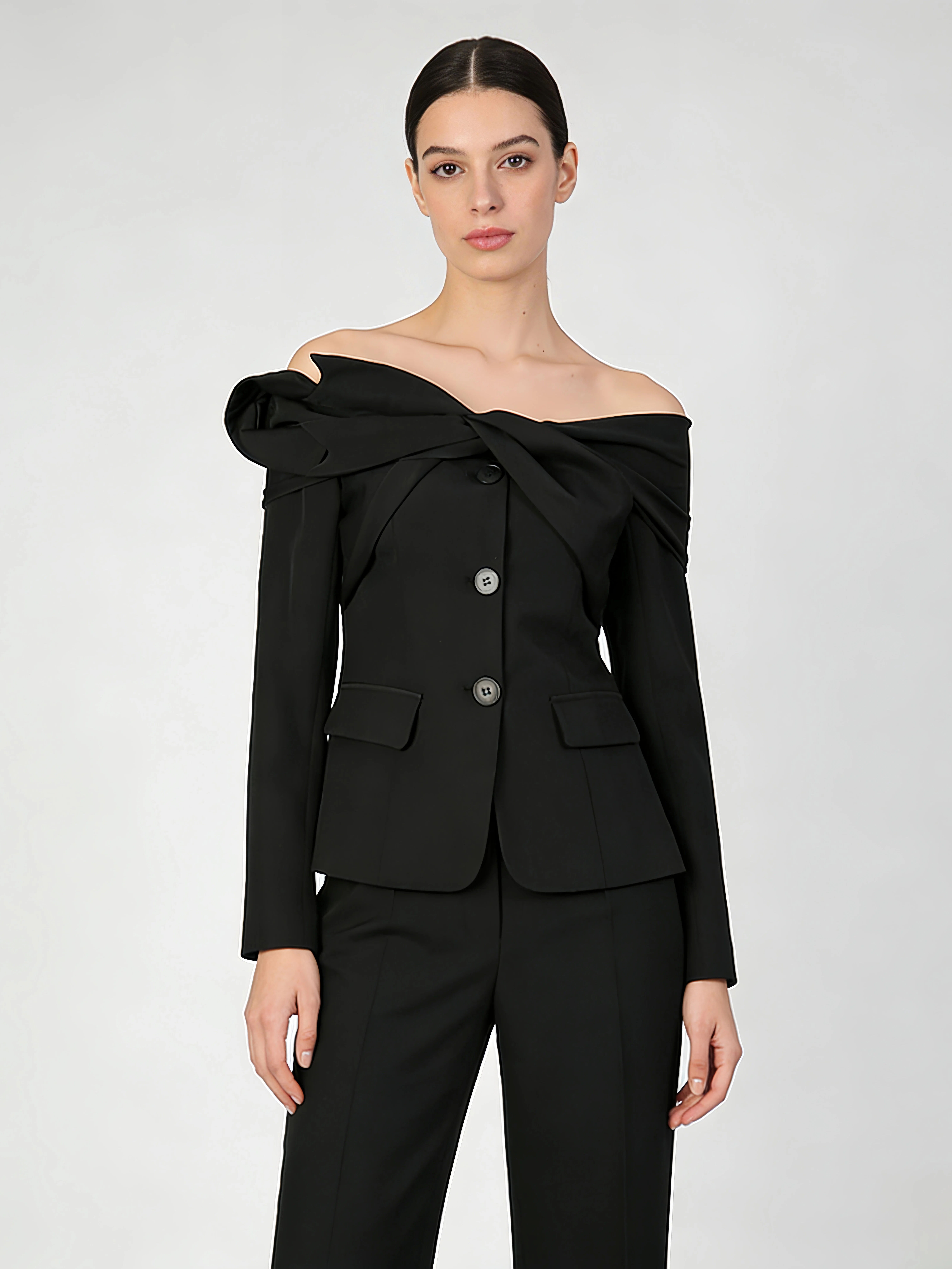 TWOTWINSTYLE Solid Off Shoulder Spliced Single Breasted Designer Coat