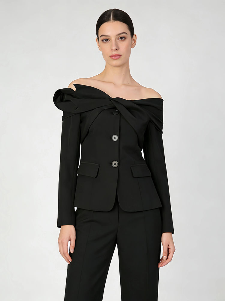 TWOTWINSTYLE Solid Off Shoulder Spliced Single Breasted Designer Coat