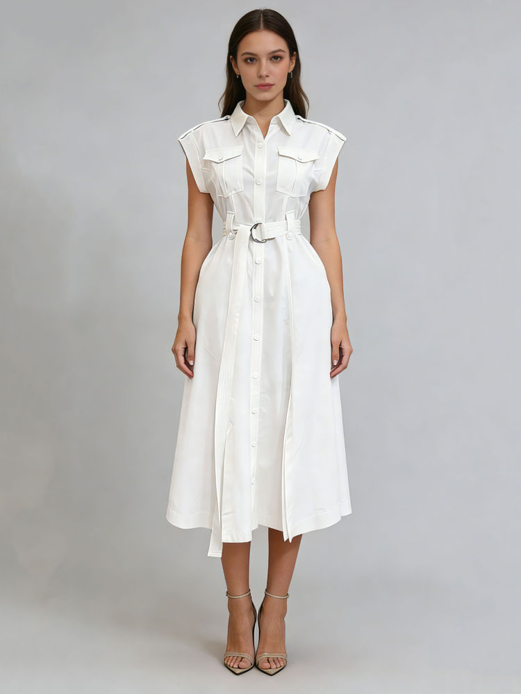 TWOTWINSTYLE Solid Sleeveless Lapel Patchwork Belt Temperament Dress