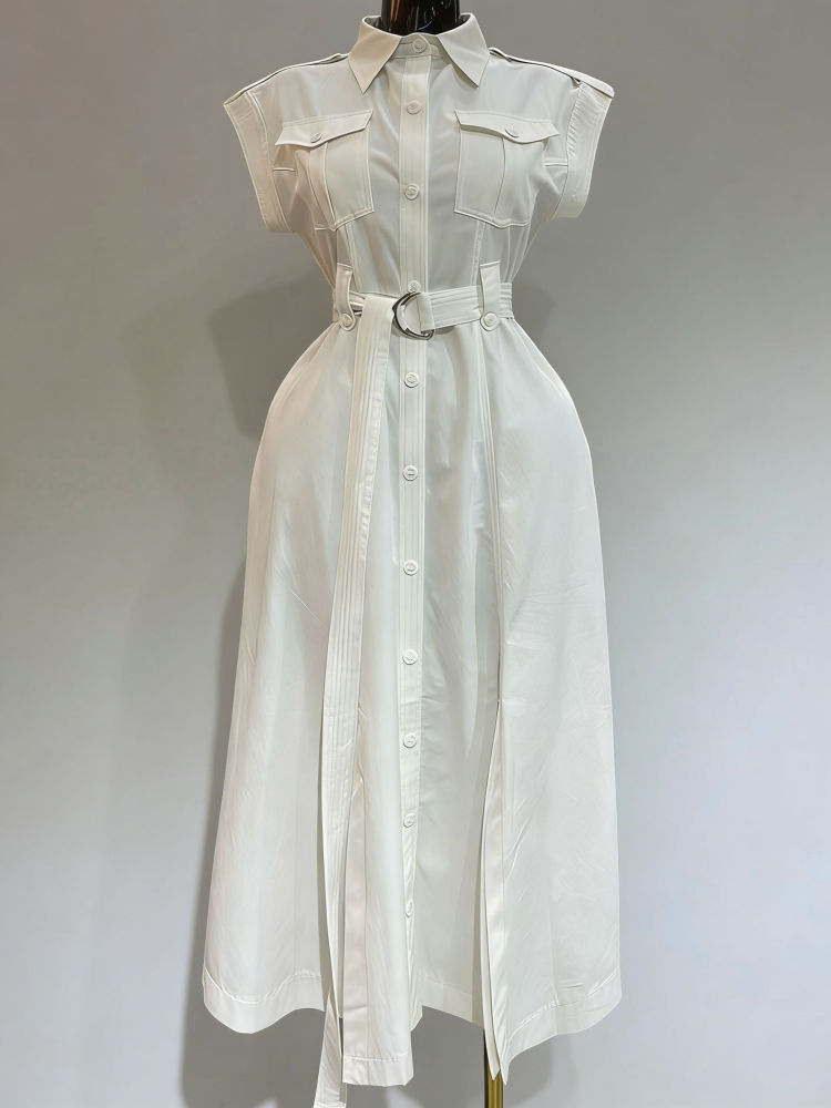 TWOTWINSTYLE Solid Sleeveless Lapel Patchwork Belt Temperament Dress