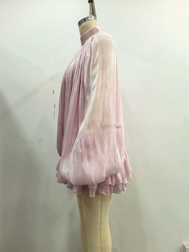 TWOTWINSTYLE Solid Slimming Dress Stand Collar Puff Sleeve Elegant Two Piece Set