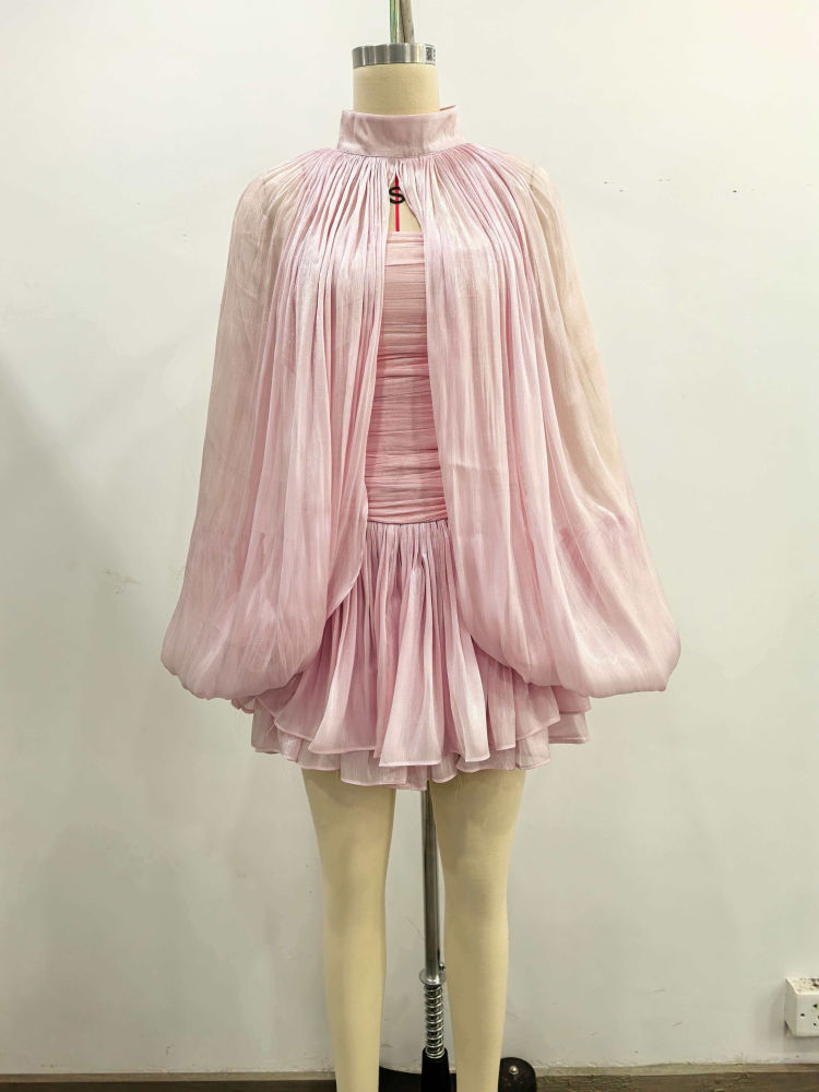 TWOTWINSTYLE Solid Slimming Dress Stand Collar Puff Sleeve Elegant Two Piece Set