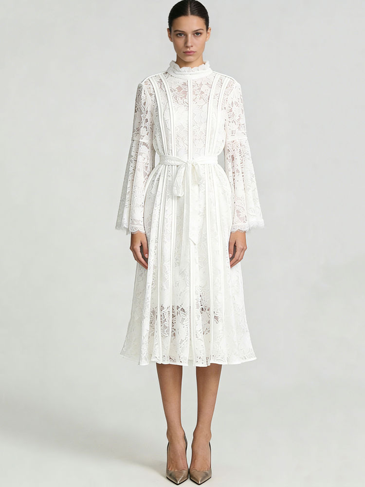 TWOTWINSTYLE Stand Collar Long Sleeve High Waist Minimalist Dress