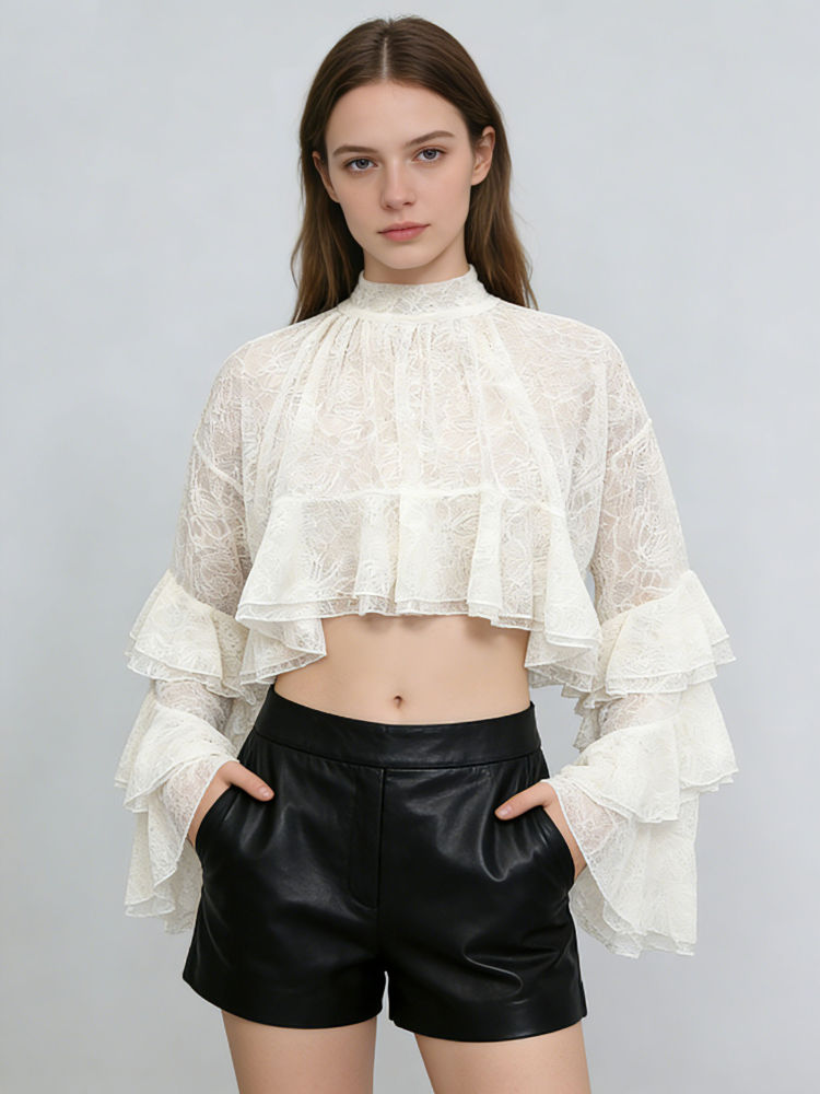 TWOTWINSTYLE Stand Collar Patchwork Ruffles Elegant Crop Top