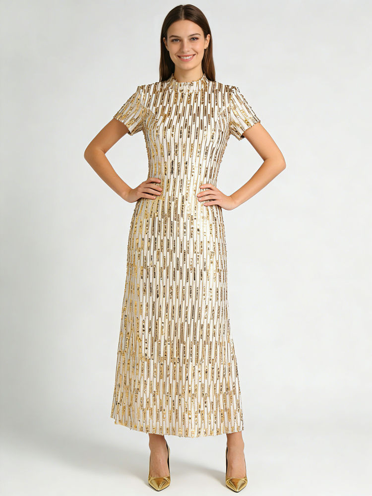TWOTWINSTYLE Stand Collar Spliced Sequins Slimming Elegant Dress