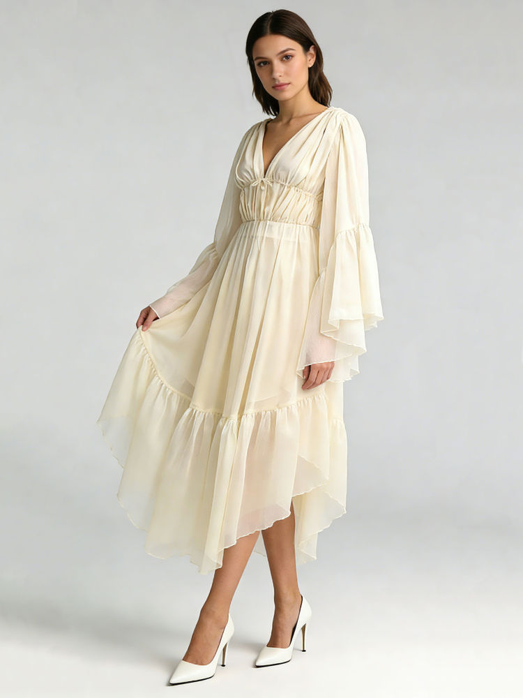 TWOTWINSTYLE V Neck Bell Sleeve Irregular Hem Designer Dress