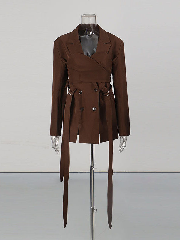 TWOTWINSTYLE Lapel Long Sleeve Spliced Lace Up Vintage Blazers