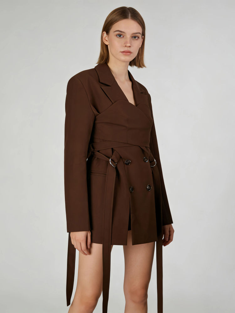 TWOTWINSTYLE Lapel Long Sleeve Spliced Lace Up Vintage Blazers