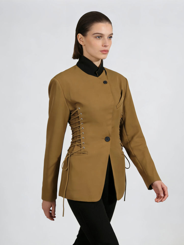 TWOTWINSTYLE Lapel Patchwork Drawstring High Waist Fashion Coat