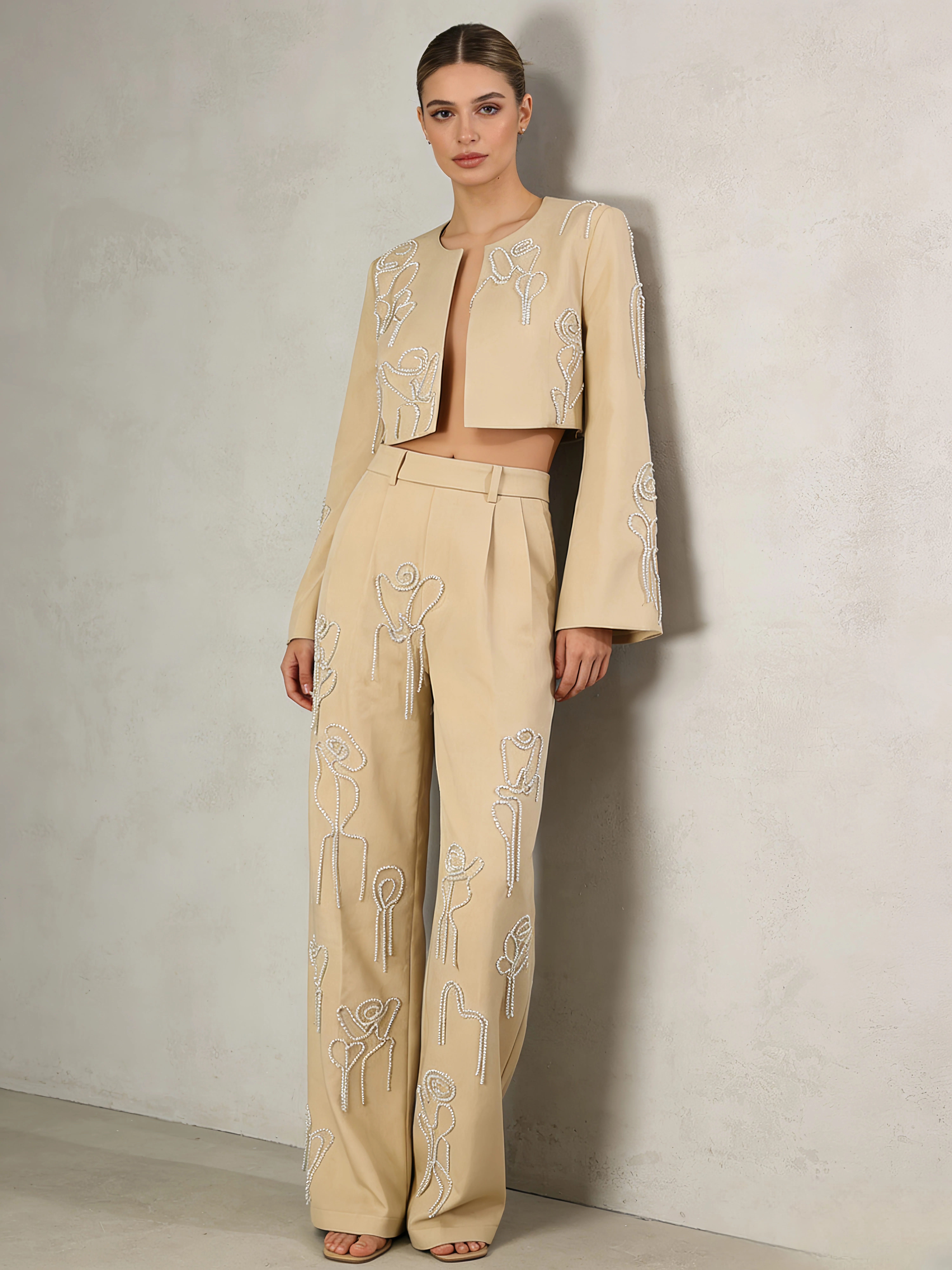 TWOTWINSTYLE Round Neck Long Sleeve Crop Top Solid Loose Pants Fashion Two Piece Set