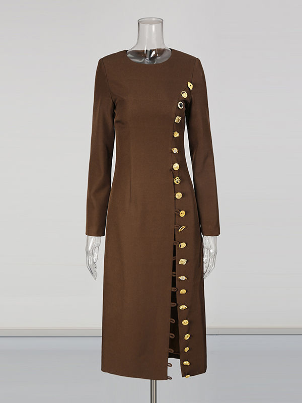 TWOTWINSTYLE Round Neck Spliced Metal Button Elegant Dress