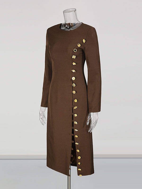 TWOTWINSTYLE Round Neck Spliced Metal Button Elegant Dress