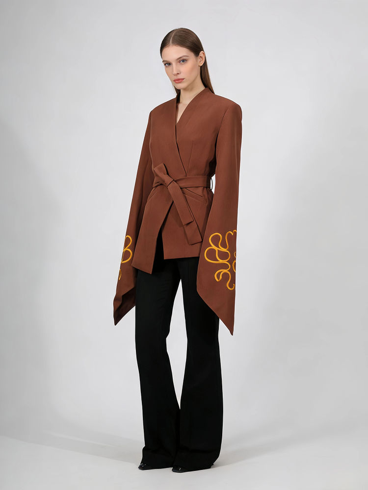 TWOTWINSTYLE V Neck Long Sleeve Spliced Print Vintage Coat