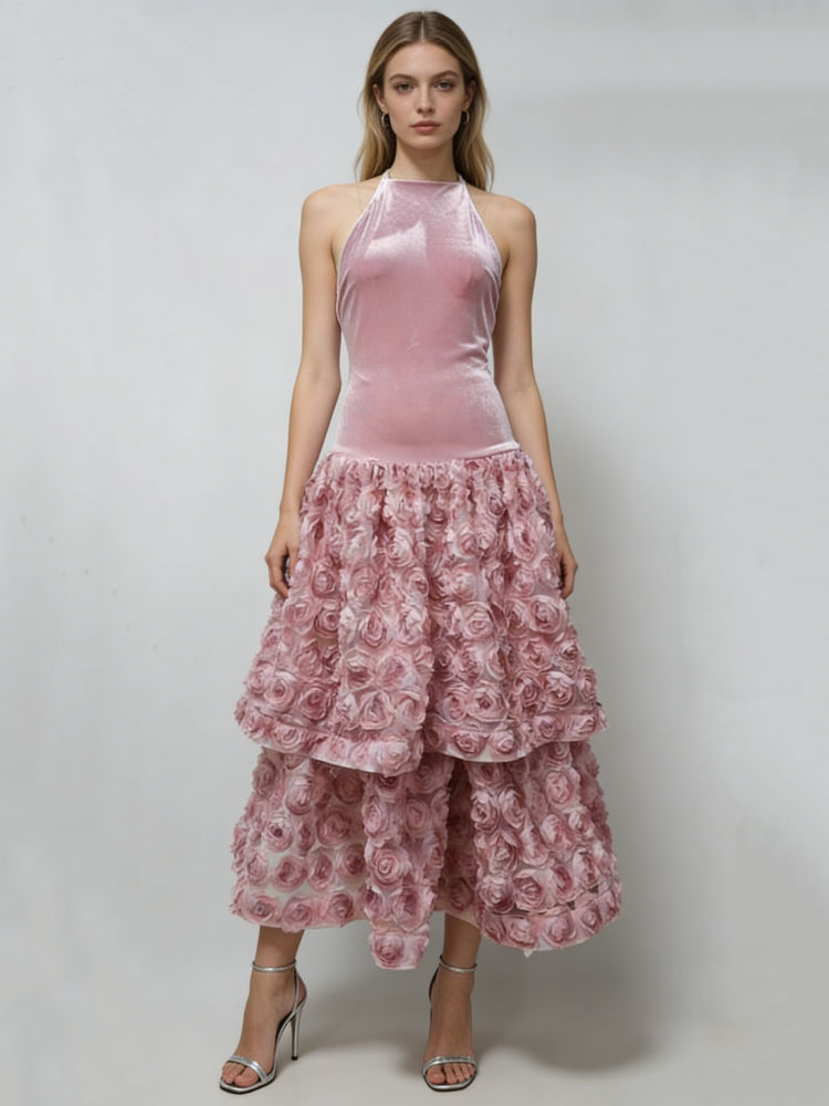 TWOTWINSTYLE Backless Spliced 3D Flower Elegant Dress