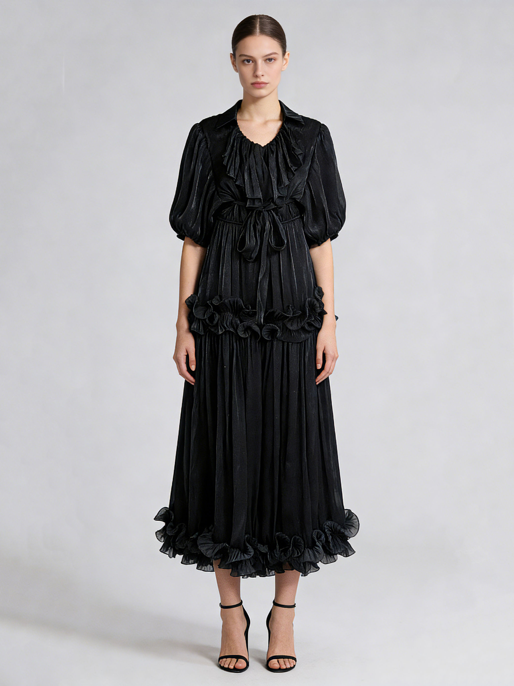 TWOTWINSTYLE Solid Lapel Loose Pleated Vintage Midi Dress