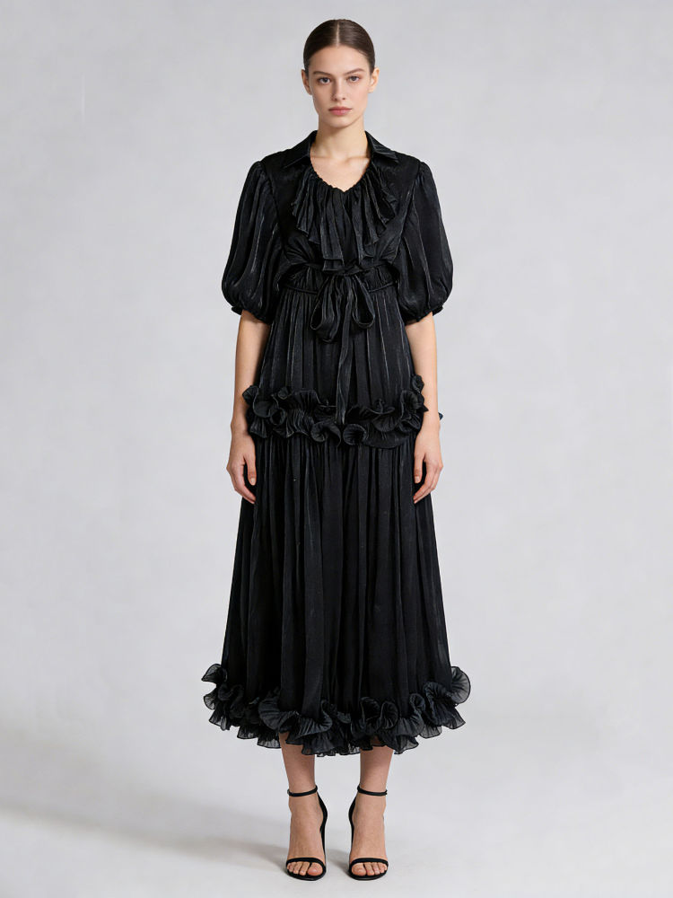 TWOTWINSTYLE Solid Lapel Loose Pleated Vintage Midi Dress