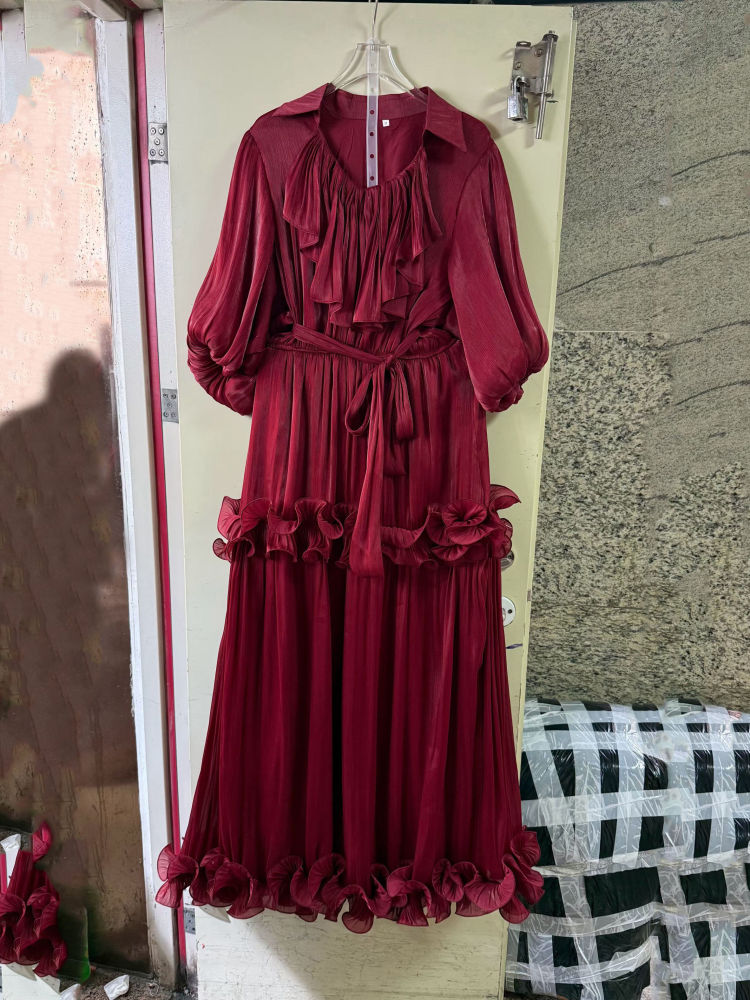 TWOTWINSTYLE Solid Lapel Loose Pleated Vintage Midi Dress