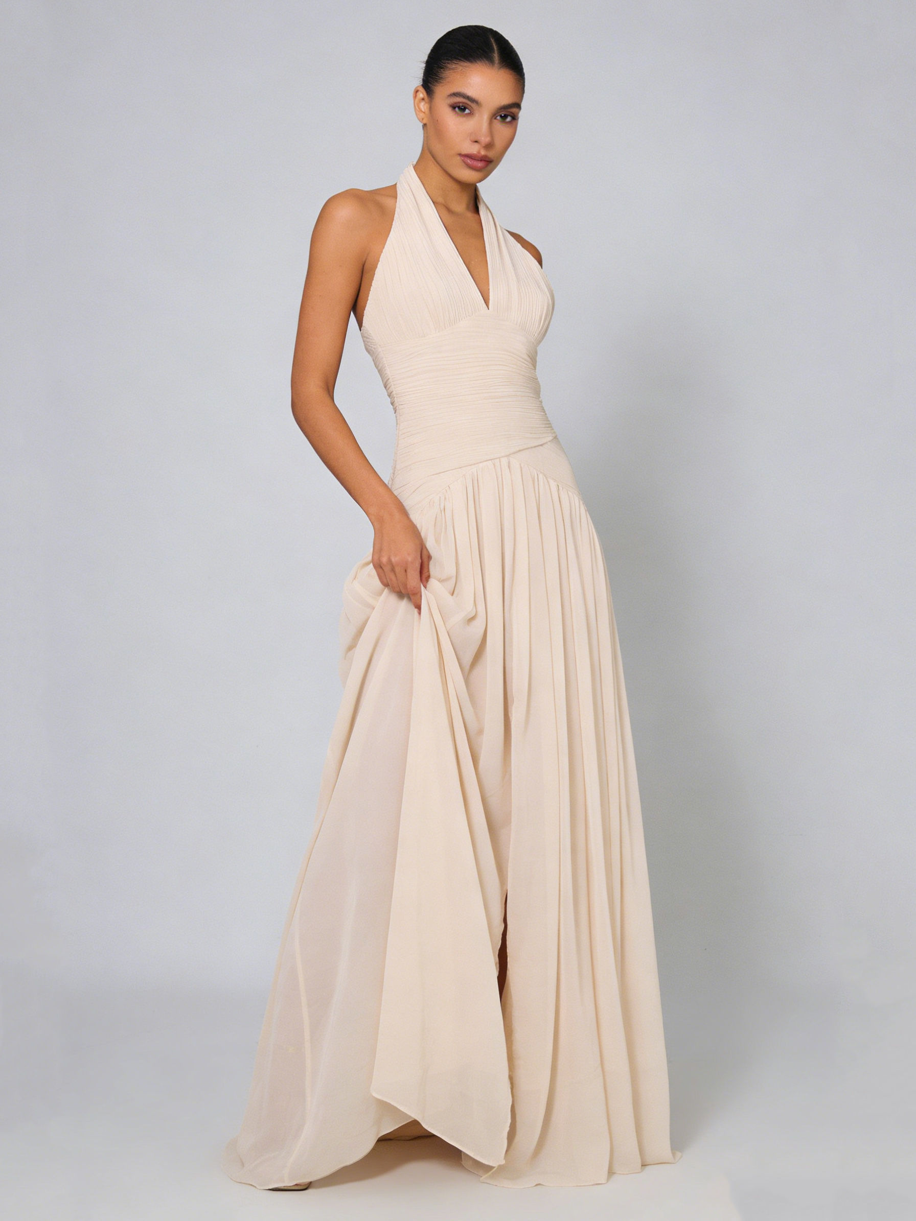 TWOTWINSTYLE Solid Ruched V-neck Sleeveless Long Dress