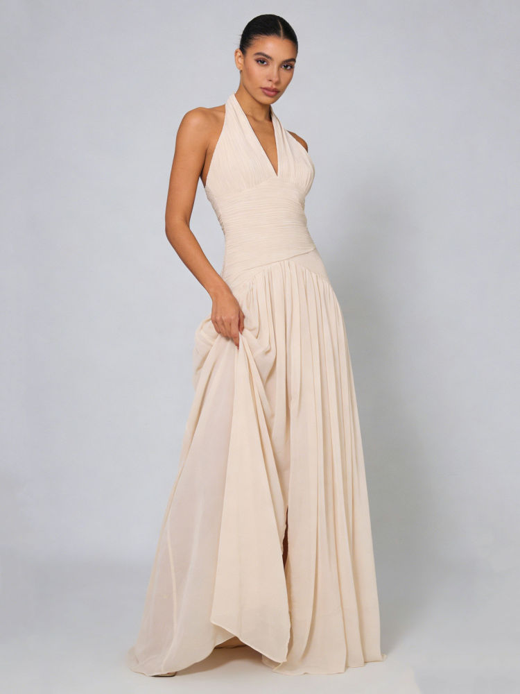 TWOTWINSTYLE Solid Ruched V-neck Sleeveless Long Dress
