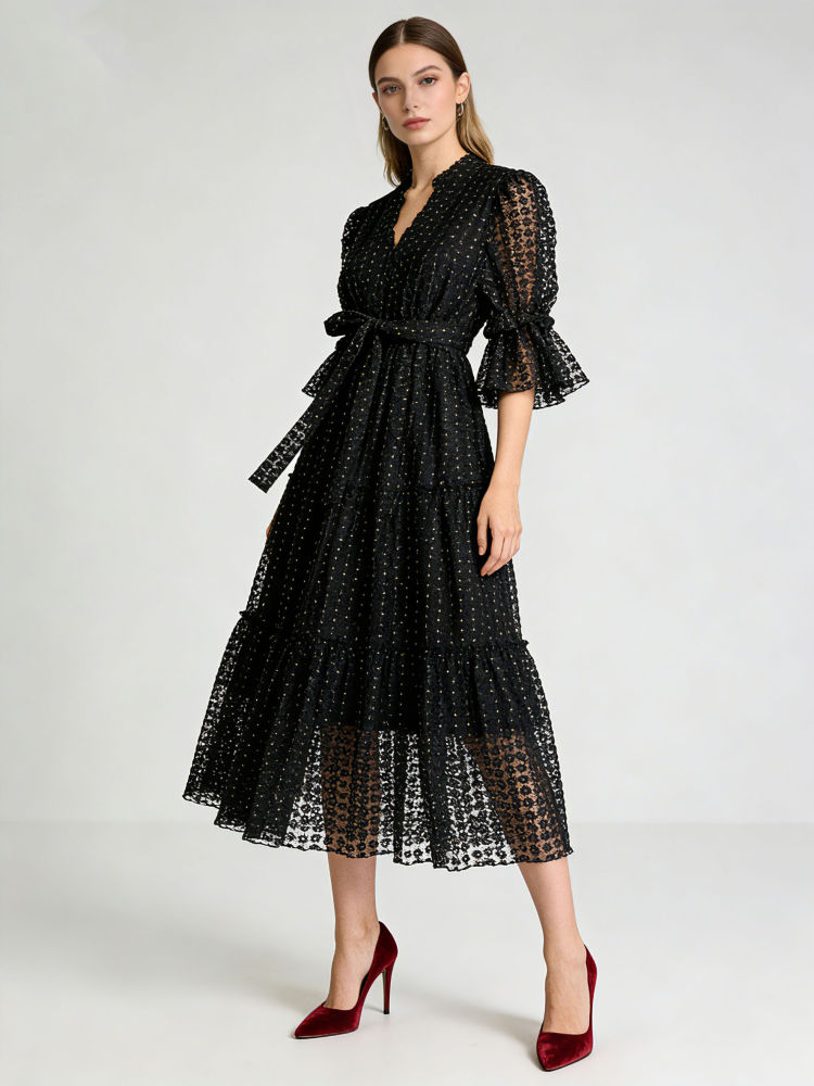 TWOTWINSTYLE V Neck Puff Sleeve High Waist Fashion Dress