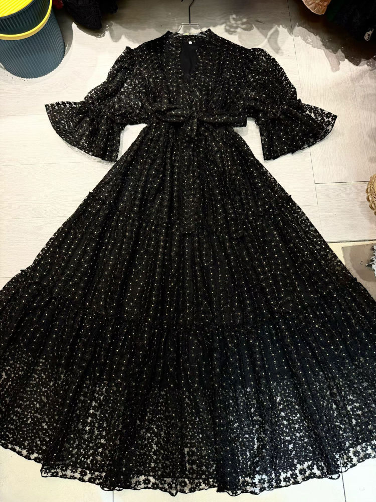 TWOTWINSTYLE V Neck Puff Sleeve High Waist Fashion Dress