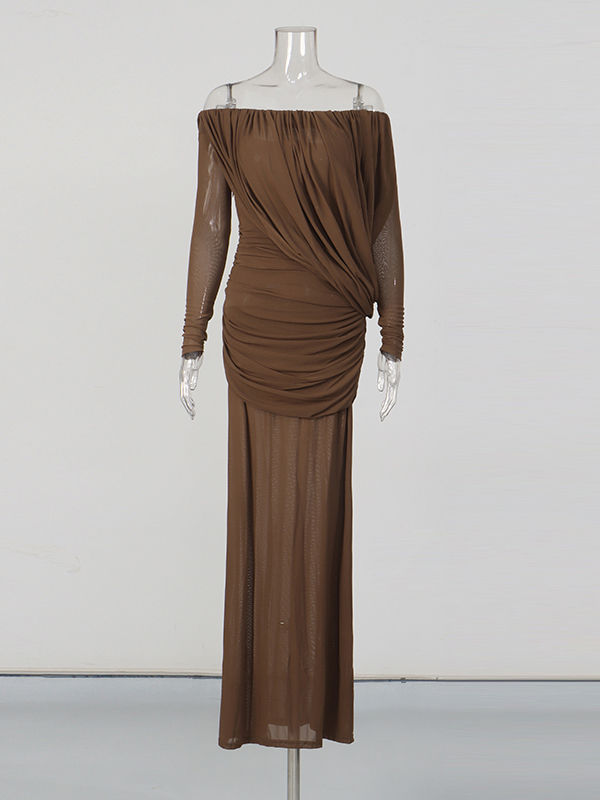 TWOTWINSTYLE Vintage Solid Off Shoulder Maxi Dress