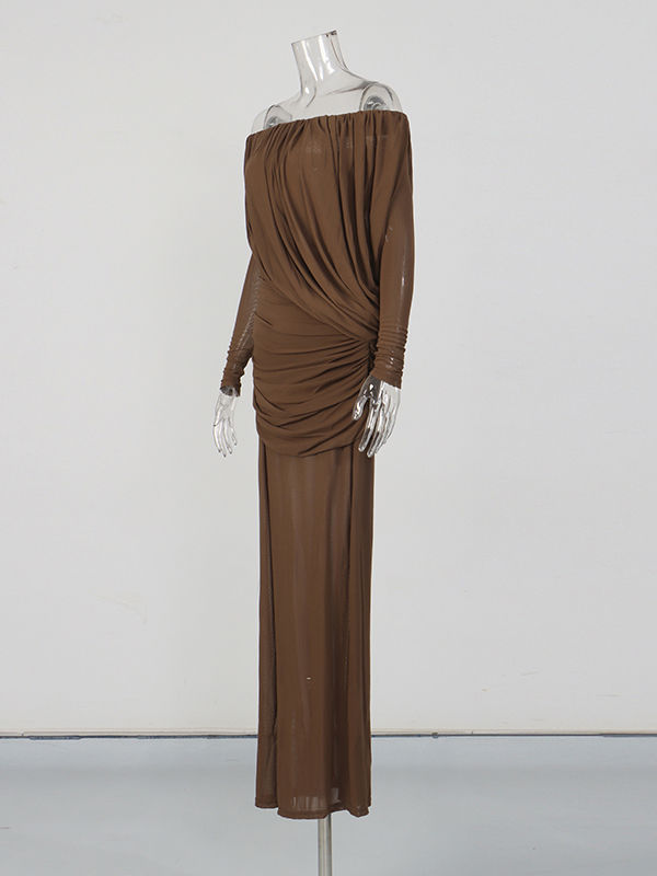 TWOTWINSTYLE Vintage Solid Off Shoulder Maxi Dress