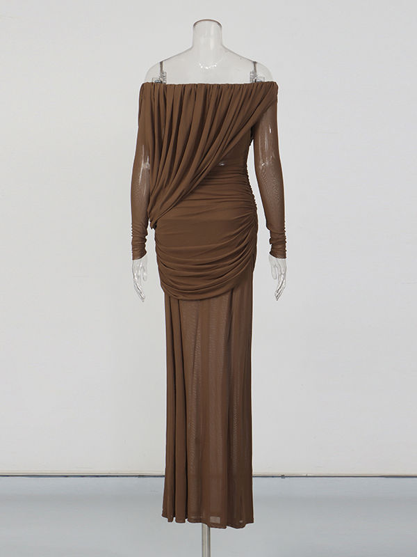 TWOTWINSTYLE Vintage Solid Off Shoulder Maxi Dress