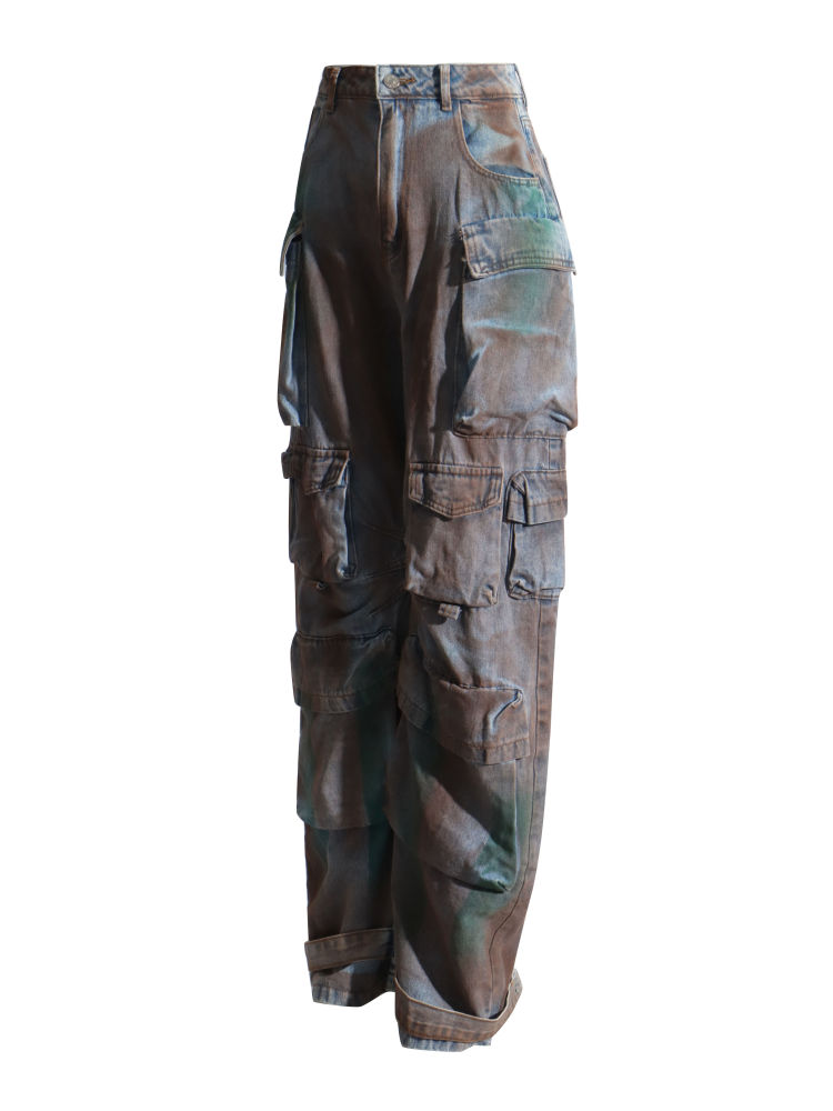 TWOTWINSTYLE Camouflage Streetwear Fashion Denim Wide Leg Pants