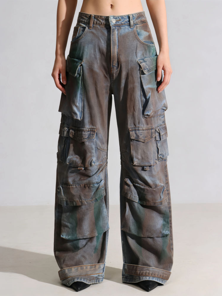 TWOTWINSTYLE Camouflage Streetwear Fashion Denim Wide Leg Pants