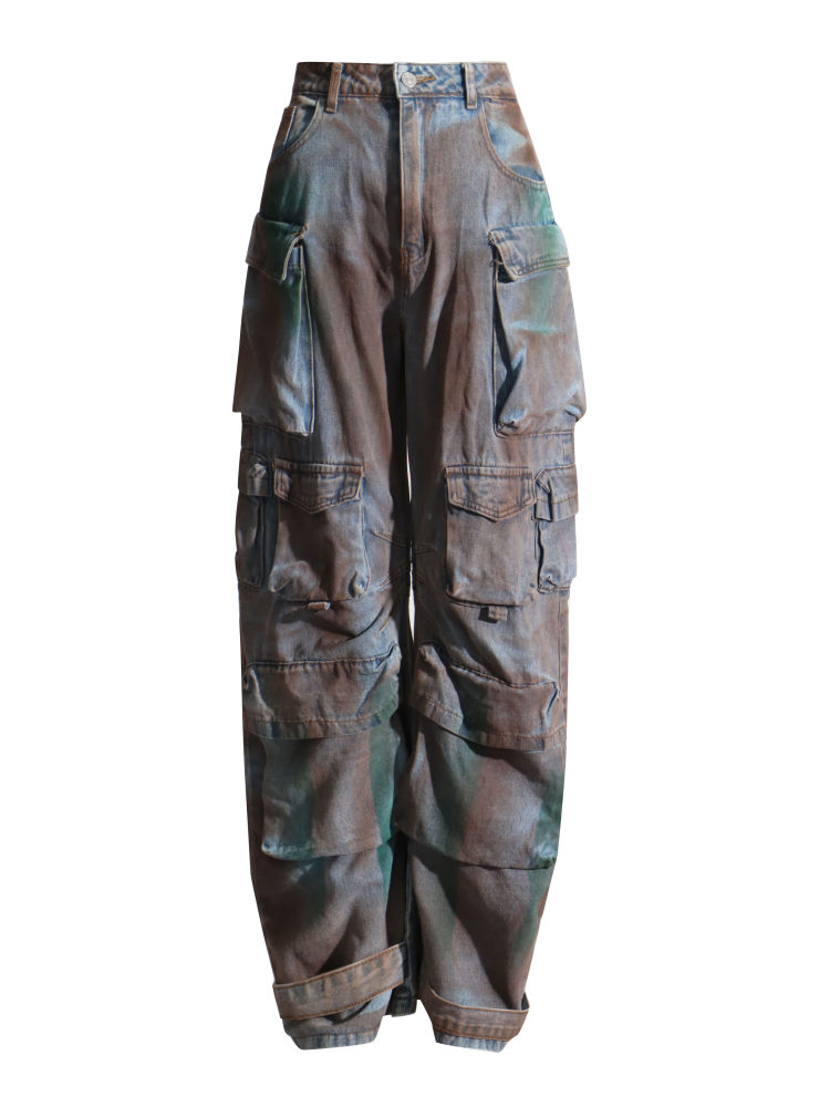 TWOTWINSTYLE Camouflage Streetwear Fashion Denim Wide Leg Pants
