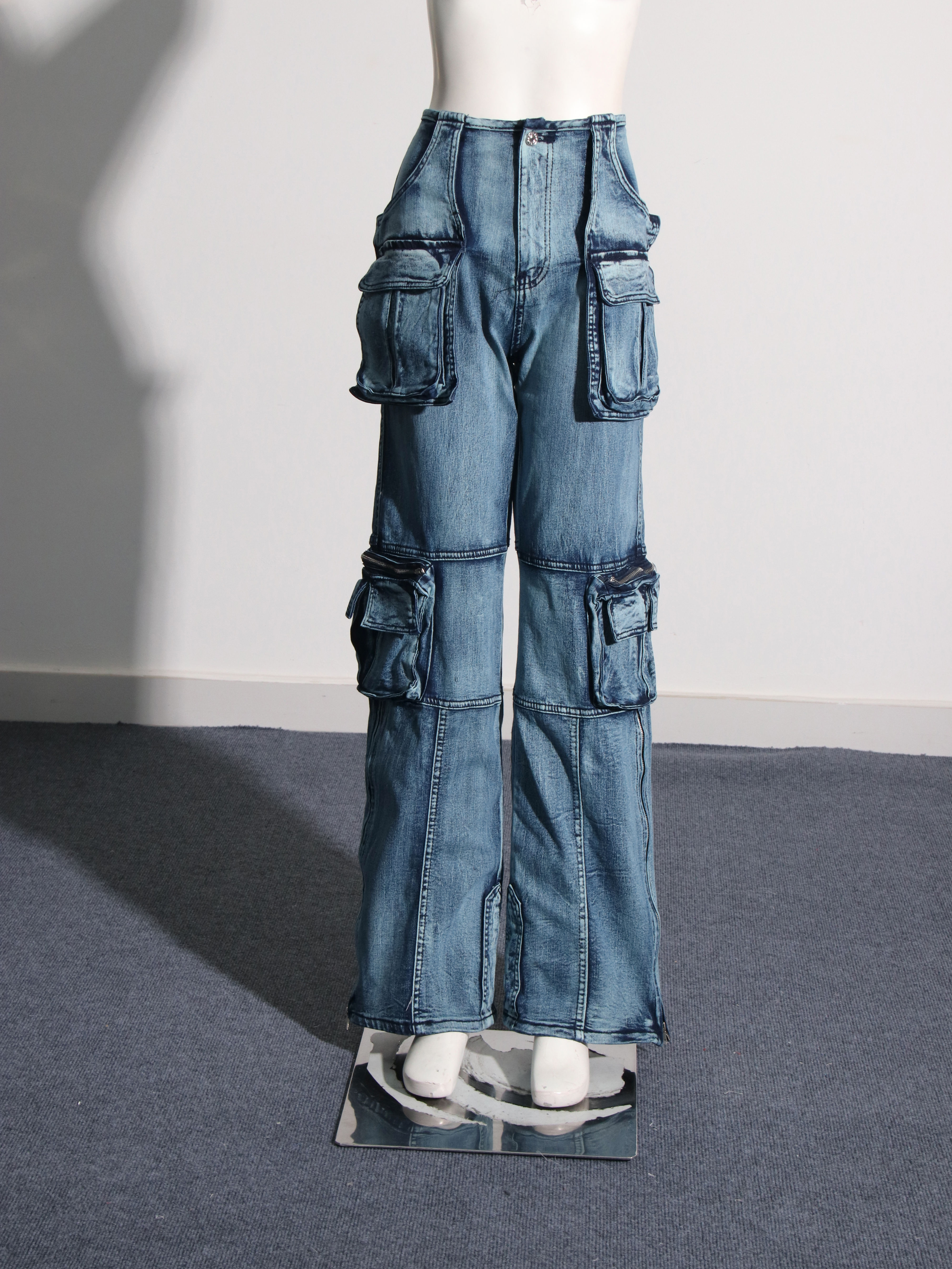 TWOTWINSTYLE High Waist Spliced Pockets Casual Denim Pants