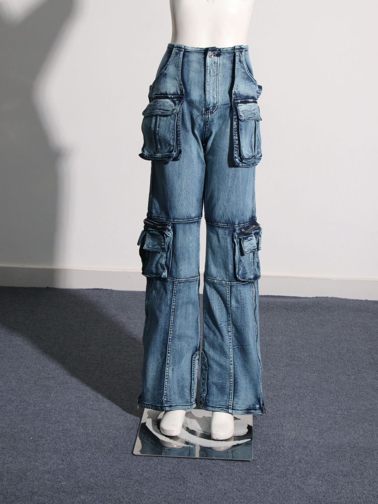 TWOTWINSTYLE High Waist Spliced Pockets Casual Denim Pants